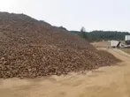 Cumuli di bauxite nel piazzale di carico con alberi sullo sfondo