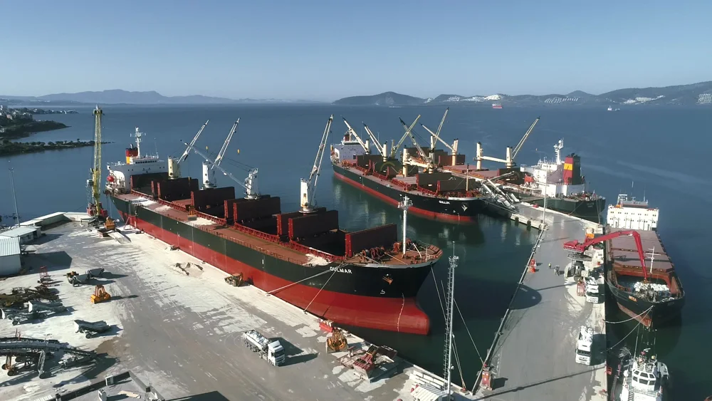 Navi da carico e impianti di movimentazione nel porto di Güllük, a Muğla, in Turchia